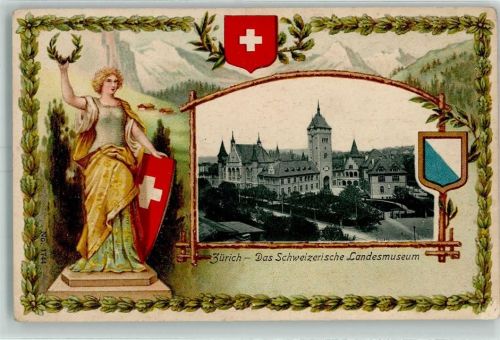8000 Zürich Prägedruck Helvetia Wappen Schweizerisches Landesmuseum Lithographie Passepartout
