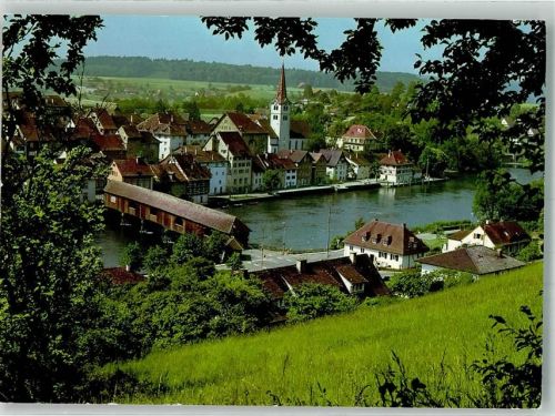8253 Diessenhofen 1983 Foto AK gedeckte Brücke Kirche Hochrhein