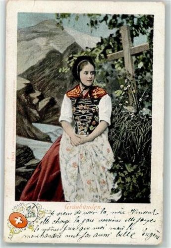 1902 - Bündner Trachtenmädchen vor dem Kreuz