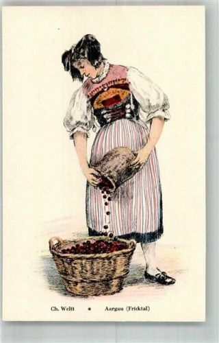 Lithographie / Künstlerkarte Tracht Frau Aargau