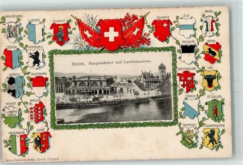 8000 Zürich Prägedruck Hauptbahnhof und Landesmuseum Wappen