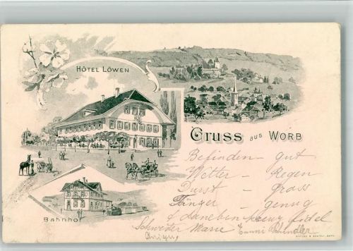 3076 Worb 1901 BOAKC Lithographie Hotel Löwen Bahnhof