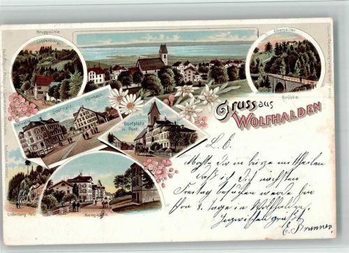 9427 Wolfhalden 1897 BOAKC Lithographie Bruggmühle Lindenberg Helvetia Dorfplatz Pfarrhaus Neugasse Post Obergatter Brücke