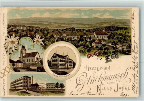 8132 Egg bei Zürich 1904 BOAKC Seidenfabrik Schröder Schulhaus Lithographie