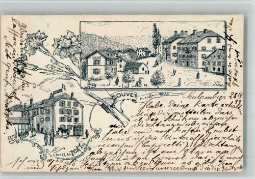 2108 Couvet 1899 BOAKC Lithographie Hotel du Pont Bahnhofsplatz Stempel Commissariat Federal des Guerres