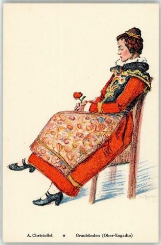 7563 Samnaun Dorf Künstlerkarte Trachten sign. Christoffel