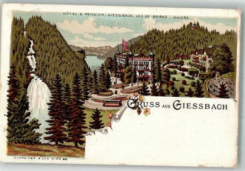 7084 Brienz/Brinzauls GR Lithographie Hotel Pension Giessbach Lac de Brienz Bergbahn