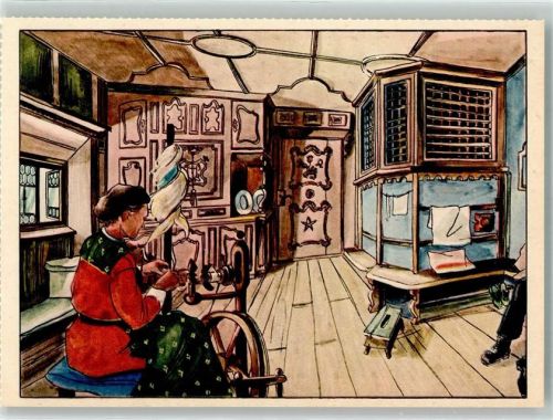 Künstlerkarte sign. Krummenacher Spinnrad Bauernstube Schw. Wanderkalender 1950