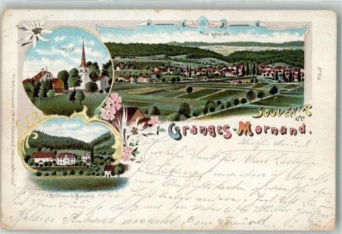 1523 Granges-près-Marnand Granges VD 1900 Gebrauchsspuren Lithographie Schloss Kirche