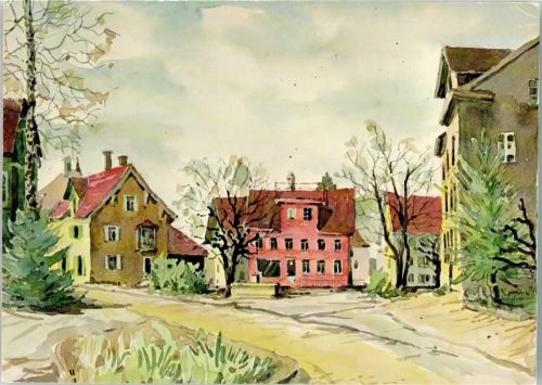 8600 Dübendorf Gebrauchsspuren Dorfplatz sign. E. Puelma Aquarell