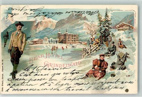 3818 Grindelwald 1902 Lithographie Winter Hotel Baer Schlitten Eislauf Gebr. Künzli Zürich Dep. Nr. 58