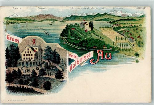 8804 Au ZH 1906 Gebrauchsspuren Halbinsel Au mit Säntis Speer Mürtschen Küpfst. Gross-Scheie Glärnisch Grieselstock Lithographie