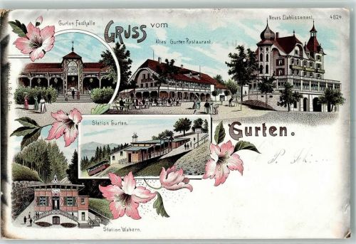 Gurten Kulm 1901 Lithographie Gurten-Festhalle Altes Gurten-Restaurant Neues Etablissement Station Gurten Station Wabern