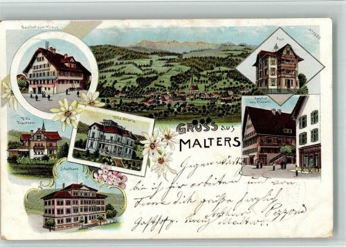 6102 Malters 1900 BOAKC Lithographie Gasthaus Zum Kreuz Villa Trachtheim Villa Allaria Schulhaus Post Gasthaus Zum Klösterli Gebrauchsspuren, bitte Scan genau beachten!