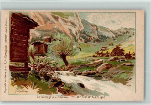 1900 Lithographie / Künstlerkarte Au Village Suisse, Exposition Paris 1900 - Paturage et le Ruisseau