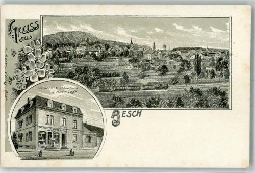 4147 Aesch BL Lithographie Bäckerei Handlung J. Hof-Vogt Eisenbahn