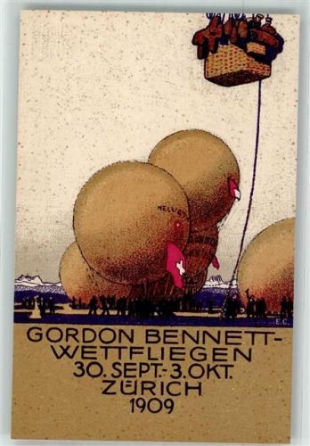 8000 Zürich Lithographie Ballon Gordon Bennet Wettfliegen 1909