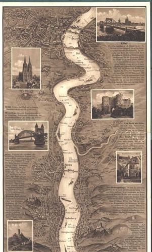 Kupferdruck Relief Panorama des Rheines von Mainz bis Köln Leporello 1 Ansicht 174 cm x 25 cm