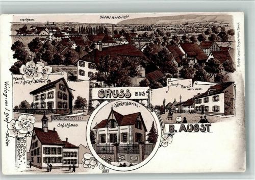 4302 Augst BL 1909 BOAKC Lithographie Schulhaus Handlung J. Graf-Müller Kindergarten Gasthaus Zur Krone