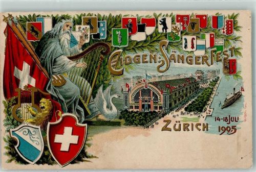 8000 Zürich 1905 Gebrauchsspuren Prägedruck Eidgen. Sängerfest Harfe Wappen Schwan Lithographie