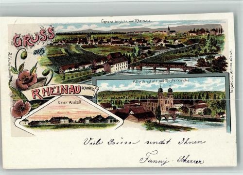8462 Rheinau 1911 BOAKC Lithographie Alte Anstalt Klosterkirche Neue Anstalt Beschnitten Gebrauchsspuren, bitte Scan genau beachten!