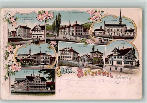 9606 Bütschwil 1902 BOAKC Lithographie Buchdruckerei Realschule Bahnhofstraße Kirche Bahnhof Kirchplatz Löwen Sonne Gebrauchsspuren, bitte Scan genau beachten!