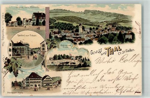 9425 Thal 1899 Gebrauchsspuren Gasthaus Zum Ochsen Steinerner Tisch Hengert Platz Lithographie