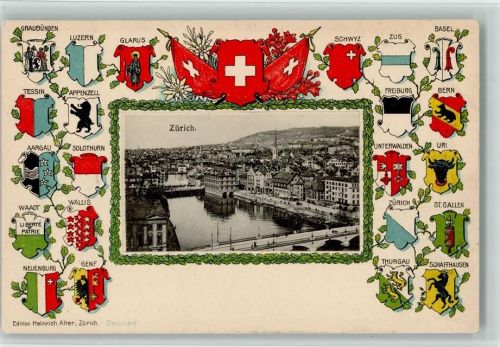 8000 Zürich Passepartout Prägedruck Wappen Lithographie