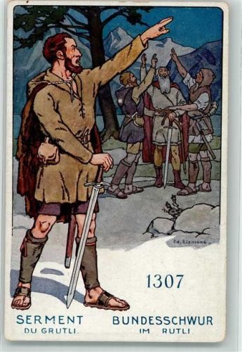 6441 Rütli Lithographie Der Schweizer-Soldat im Laufe der Jahrhunderte 1307 Bundesschwur