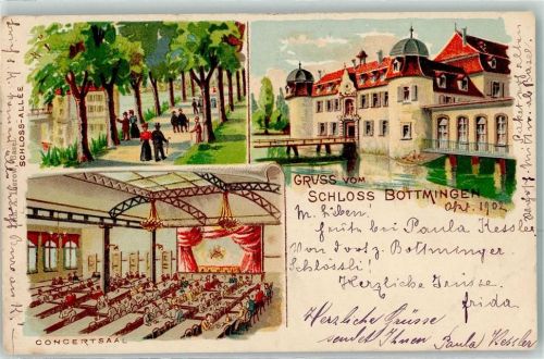 4103 Bottmingen 1902 Lithographie Schloss Konzertsaal Allee