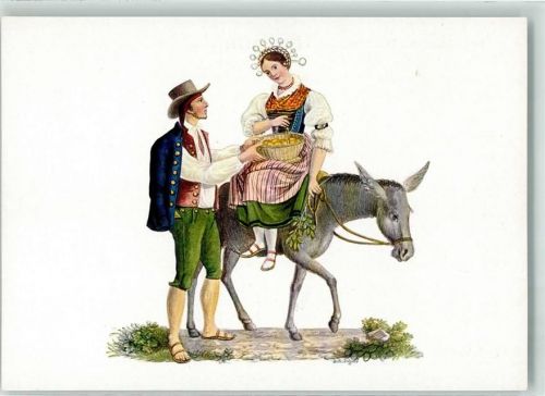 Trachtenpaar Frau auf Esel sitzend