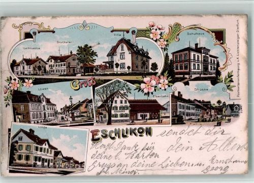 8360 Eschlikon TG 1902 BOAKC Lithographie Leihkasse Druckerei Villa Schulhaus Löwen Eisenbahn Linde Gasthaus Gebrauchsspuren, bitte Scan genau beachten!