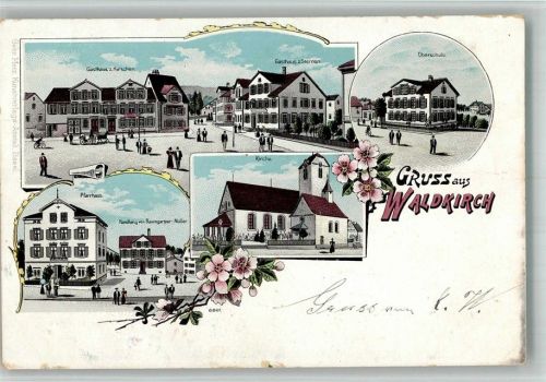 9205 Waldkirch BOAKC Gasthaus zum Hirschen Gasthaus z, Sternen Kirche Lithographie