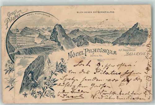 6010 Kriens 1897 Gebrauchsspuren Hotel Pilatuskulm mit Dependance Bellevue an der Eselwand Lithographie Vorläufer