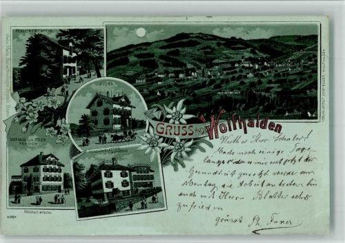 9427 Wolfhalden 1900 BOAKC Lithographie/Mondschein Pension Friedheim Flora Gasthaus Pension Zum Adler Pension Blatter Lindenberg