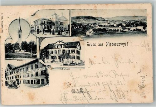 9244 Niederuzwil 1900 Foto AK Kirche Postamt Schule