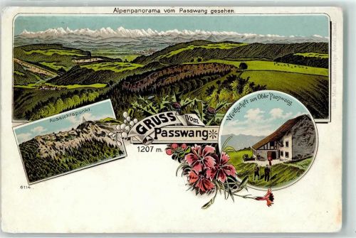 Passwang Gebrauchsspuren Gasthaus zum Oberpasswang Alpenpanorama Lithographie Bahnpost Zug 3