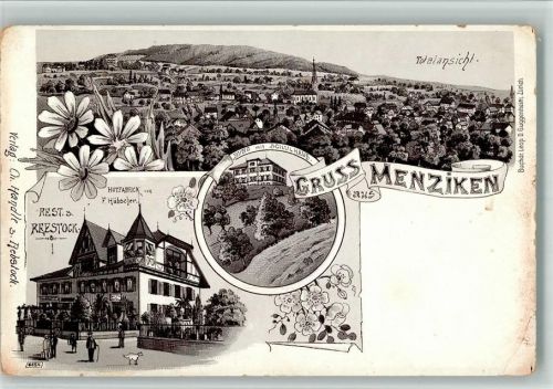5737 Menziken BOAKC Lithographie Gasthaus Zum Rebstock Hutfabrik F. Hübscher Burg mit Schulhaus Gebrauchsspuren, bitte Scan genau beachten!