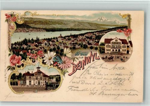 5712 Beinwil am See 1900 BOAKC Gasthaus Löwen Bahnhof Lithographie