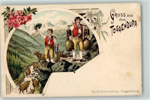 Gruss aus dem Toggenburg Sennen mit Kühen und Treicheln auf der Alp Trachten Toggenburg Gebrauchsspuren