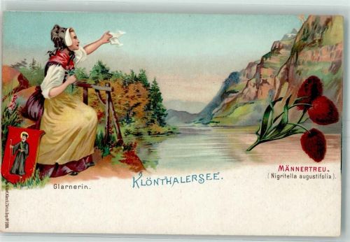 Vorauen Lithographie Klönthalersee Glarnerin Tracht Wappen Männertreu Nigritella augustifolia