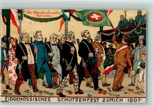 8000 Zürich Lithographie / Künstlerkarte Schützenumzug klassischer Sonderstempel Fahne