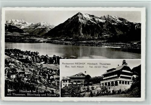 3626 Hünibach 1949 Foto AK Blümlisalp und Niesen, Restaurant Riedhof - Verlag Arthur Baur 534 AK