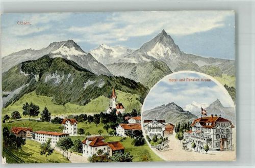 6074 Giswil 1924 Gebrauchsspuren Hotel Pension Krone Kirche