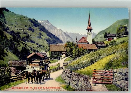 6464 Spiringen 1930 Foto AK Postkutsche Kirche