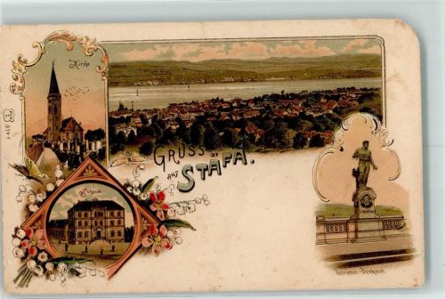 8712 Stäfa 1914 Gebrauchsspuren Kirche Schule Patrioten-Denkmal Lithographie