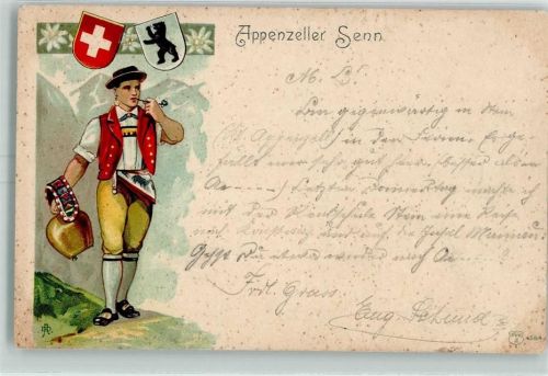 1902 Prägedruck Appenzeller Senn mit einer Kuhglocke AK