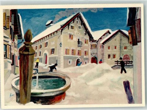 7545 Guarda Gebrauchsspuren Winter Schneeballschlacht Künstler AK Fritz Krumenacher Schweizer Wandkalender 1952