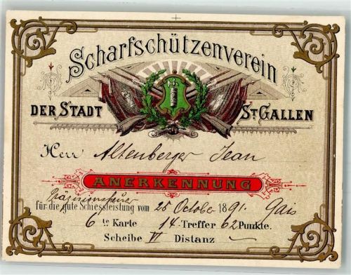 9000 St. Gallen S. Gallo 1891 KEINE AK Scharfschützenverein Anerkennung für gute Schießleistungen Ephemera