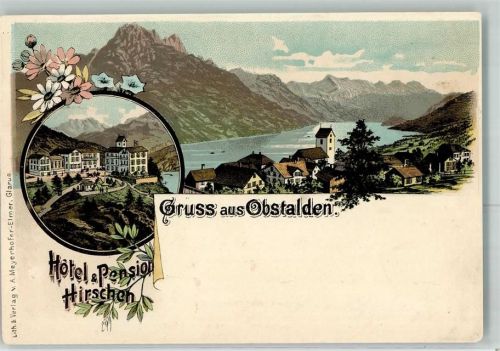 8758 Obstalden 1899 Lithographie Hotel Pension Hirschen